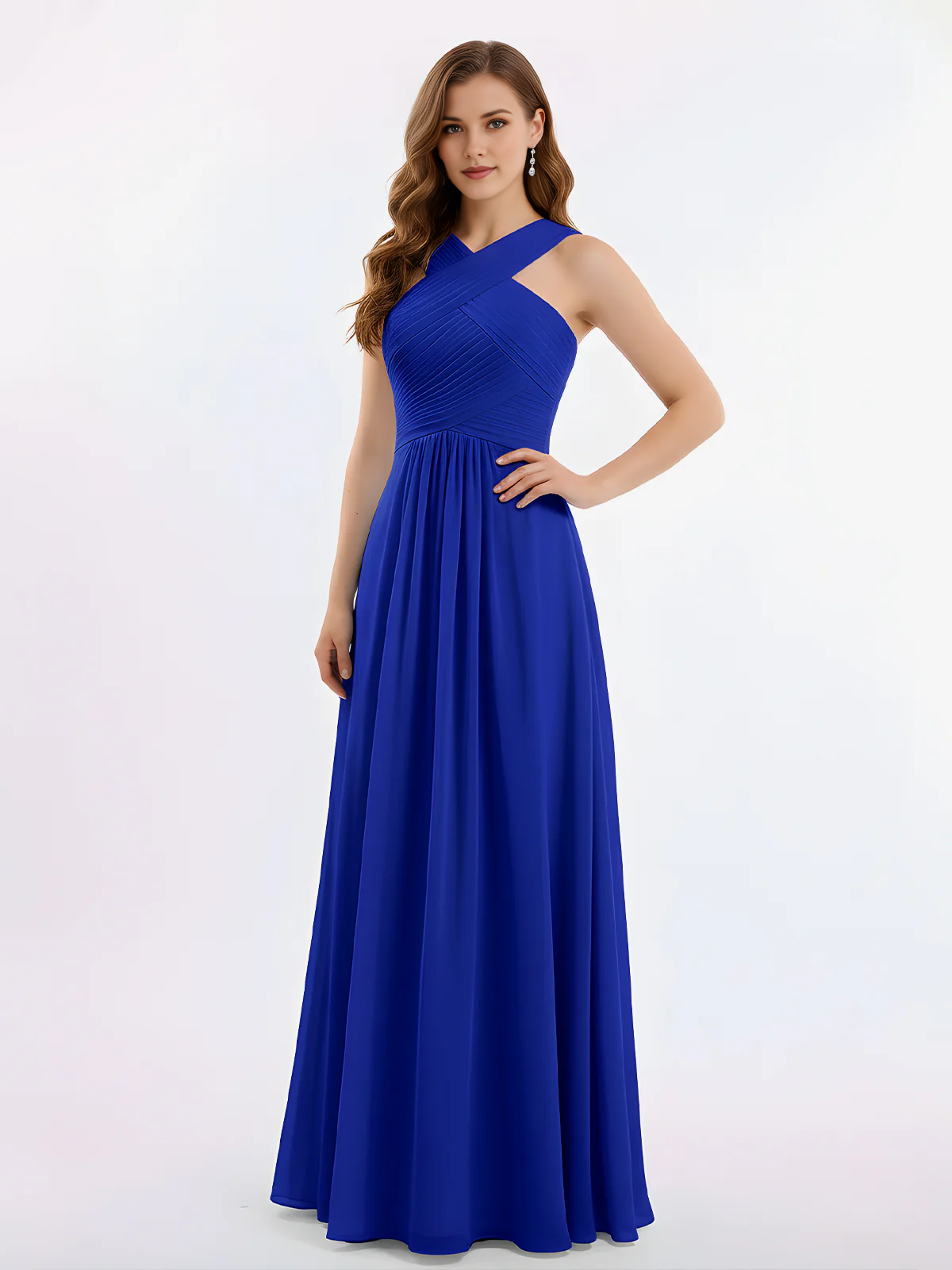 Crisscross Neck Pleated Bodice Flowy Chiffon A-Line Floor-Length Bridesmaid Evening Maxi Dress
