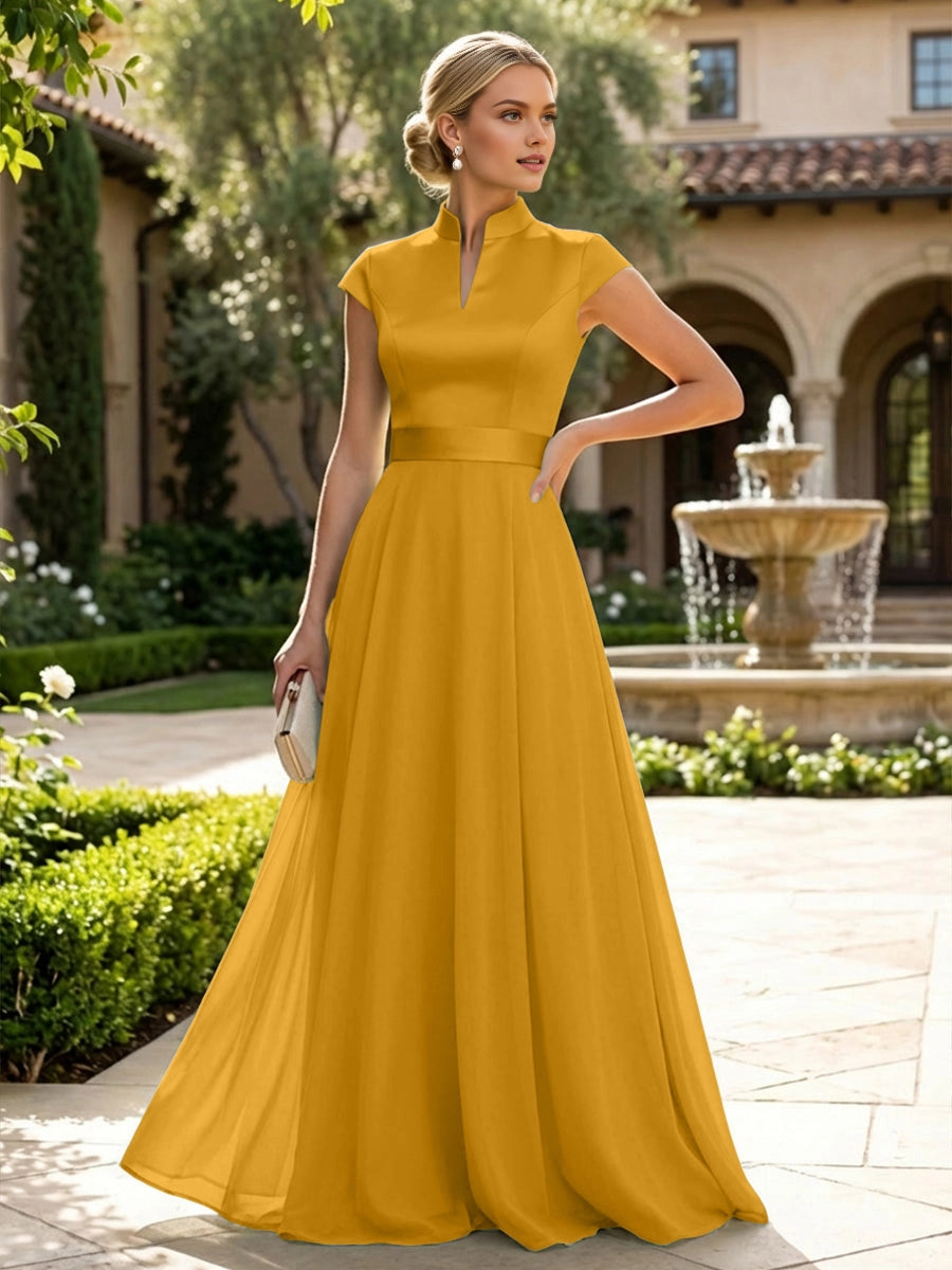 Elegant Sage A‑Line Stand‑Collar Cap‑Sleeve Zip‑Back Floor‑Length Mother Of The Bride Dress