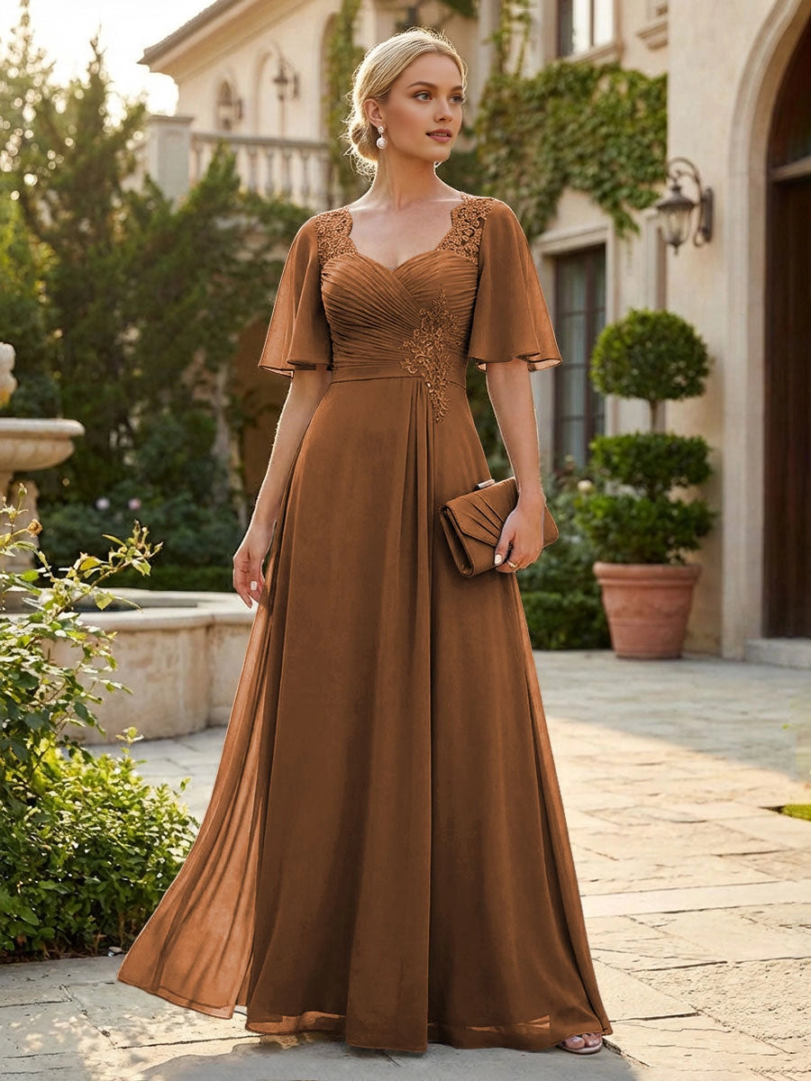 Graceful Dusty Blue A-Line Sweetheart Flutter-Sleeve Sweetheart-Back Floor-Length Mother Of The Bride Dress