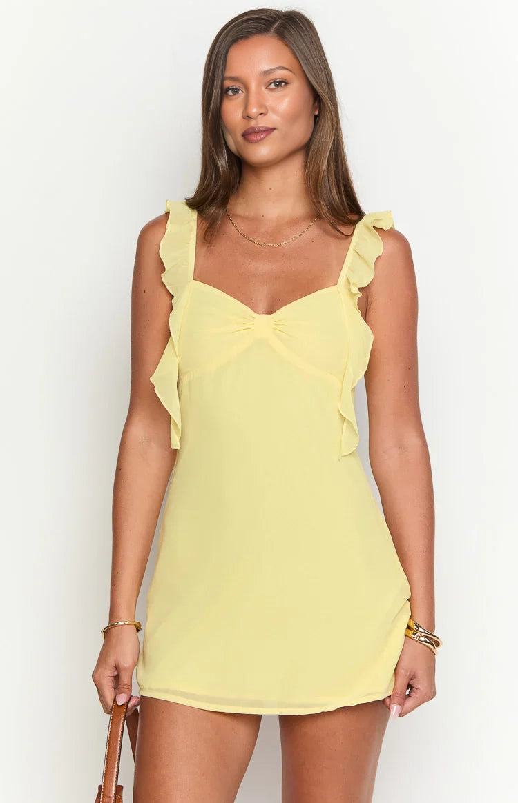A-line bow ruffle strap plain back mini homecoming dress