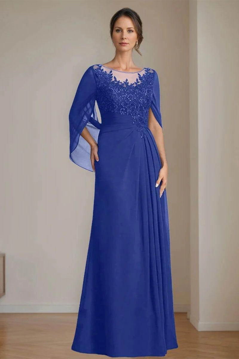 Modest A-Line Bateau Cape Sleeve Zip Back Floor Length Mother Of The Bride Dress