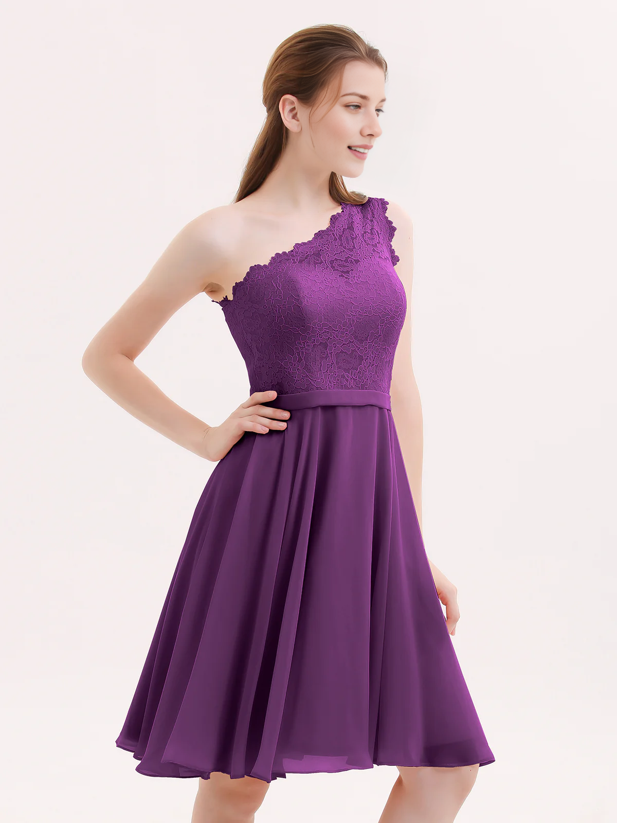 One Shoulder Lace Top A-Line Knee-Length Chiffon Bridesmaid Homecoming Short Dress