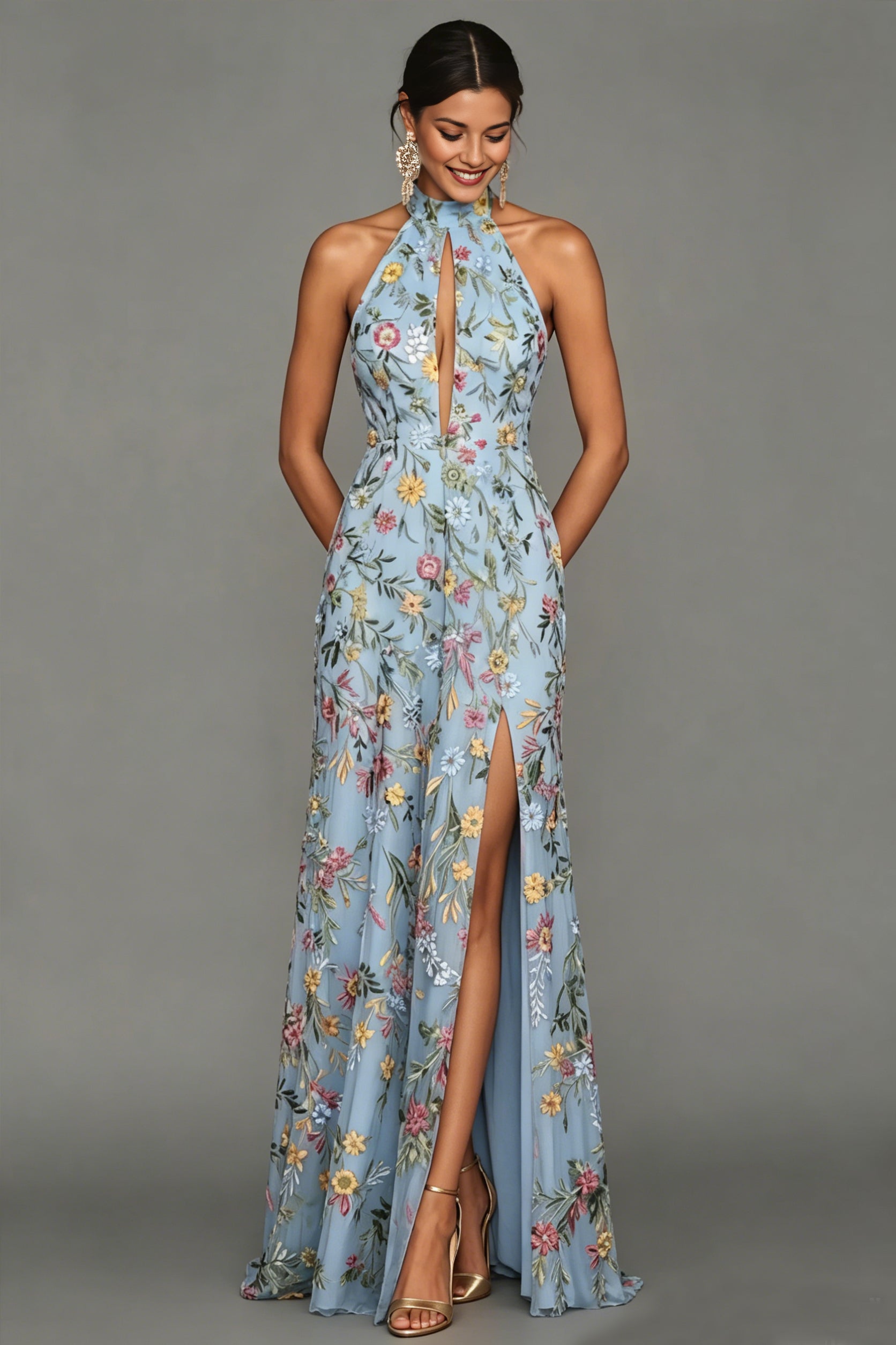 Lavender Floral Embroidered Halter Neck Maxi Dress with Keyhole & Slit