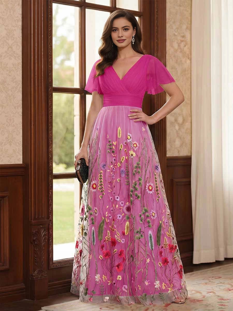 Gorgeous Black A‑Line V‑Neck Flutter‑Sleeve V‑Back Floor‑Length Floral Embroidered Mother Of The Bride Dress