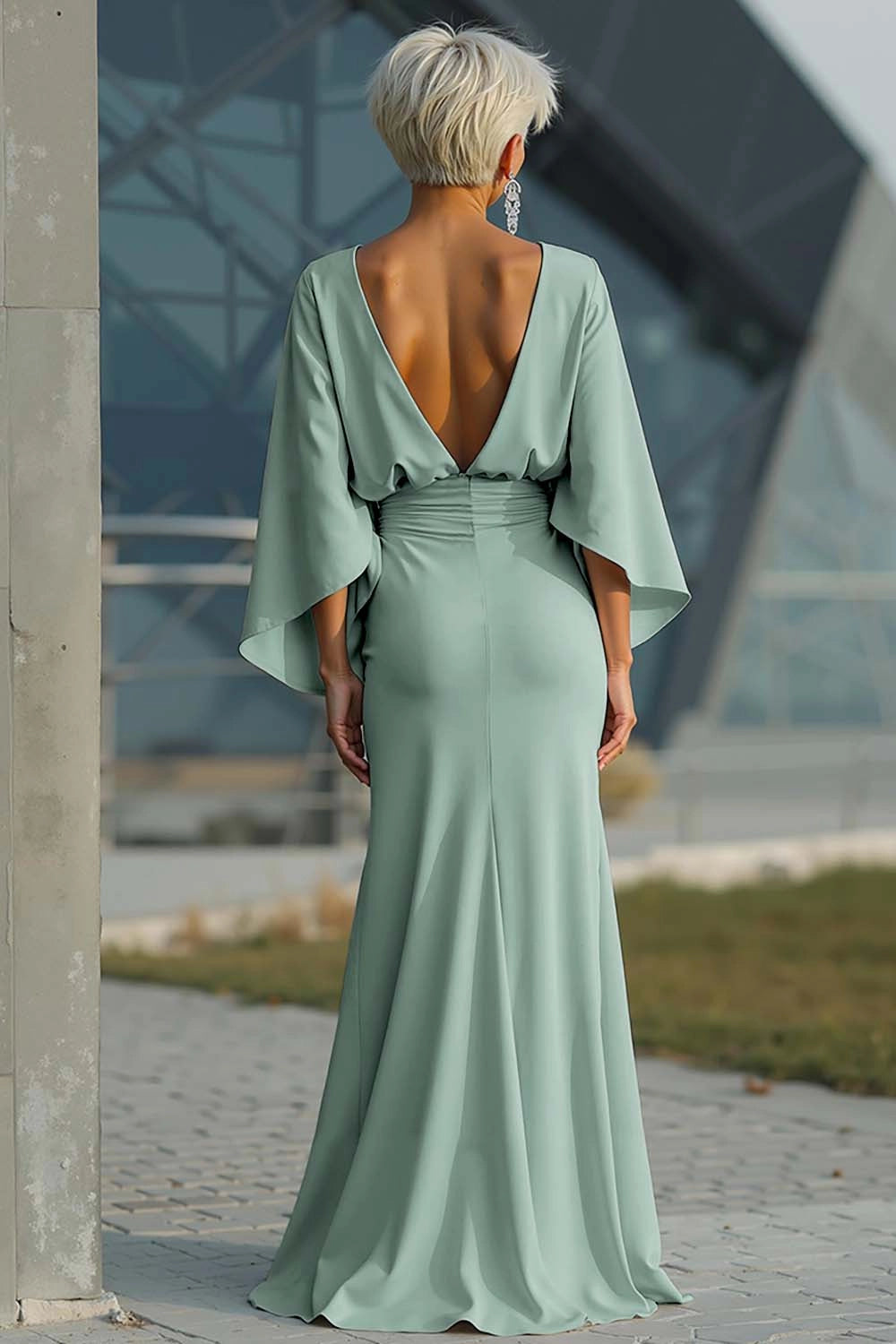 Satin Mermaid Boat Neck Dolman Deep V Back Maxi Wedding Guest Dress