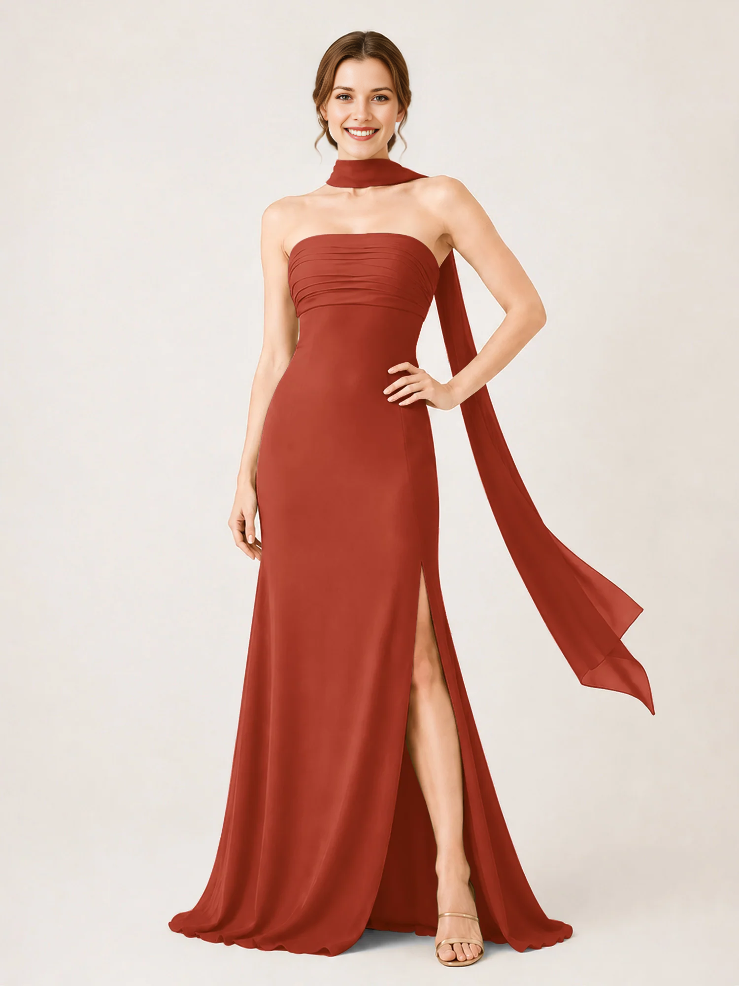 Strapless Ruched Chiffon Mermaid Bridesmaid Dress with Choker Scarf & High Slit