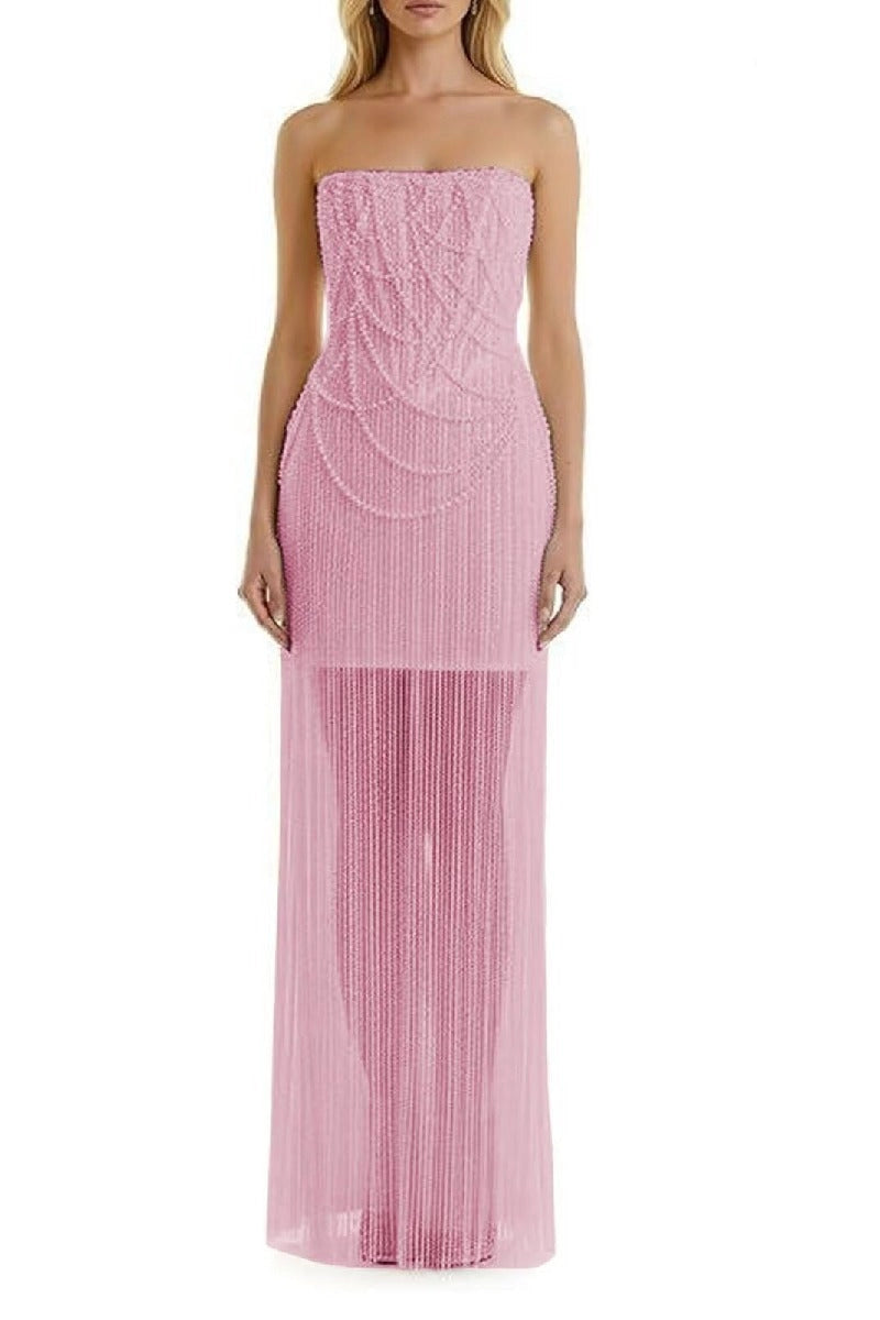 Luxe Sheath Strapless Sleeveless Lace-Up Back Floor-Length Beaded Evening Dress
