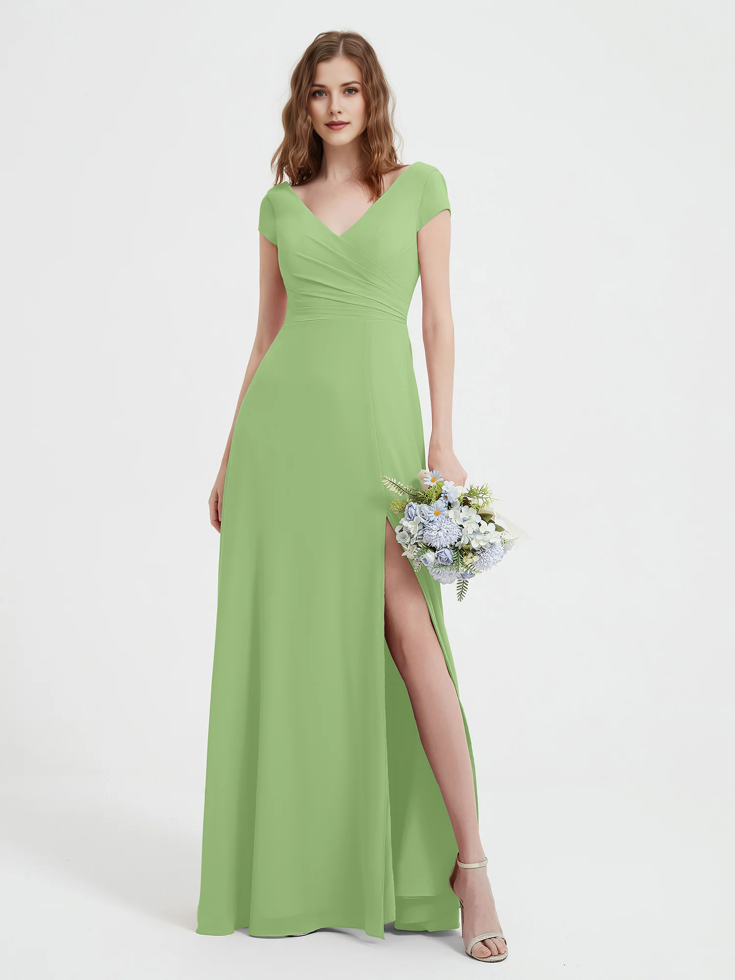 Cap Sleeve V-Neck Wrap Waist High Slit Chiffon Floor-Length Bridesmaid Evening Maxi Dress