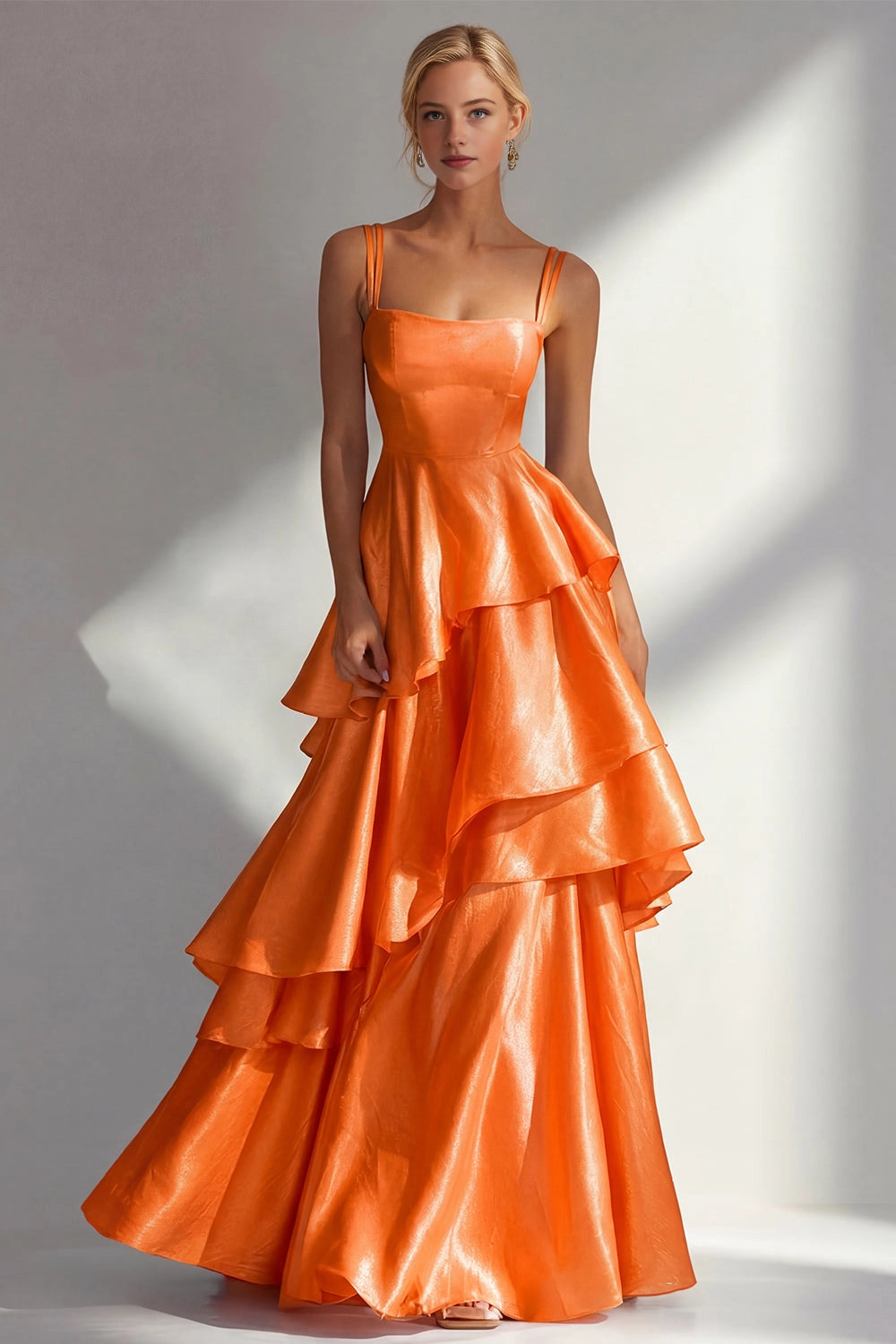 Shiny A Line Square Neck Straps Open Back Tiered Maxi Wedding Guest Dress