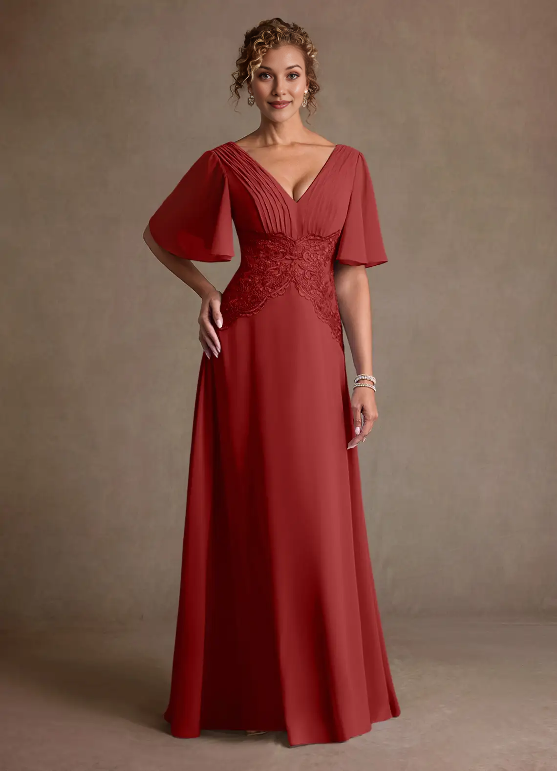 V-Neck Flutter Sleeve Lace Waist Chiffon A-Line Floor-Length Mother of the Bride Dress