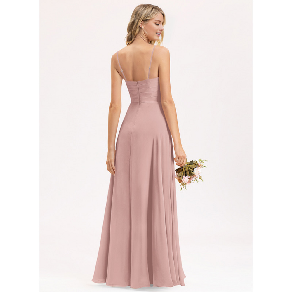 Spaghetti Strap V-Neck Chiffon Bridesmaid Dress - A-Line Floor-Length Formal Gown for Wedding Guest