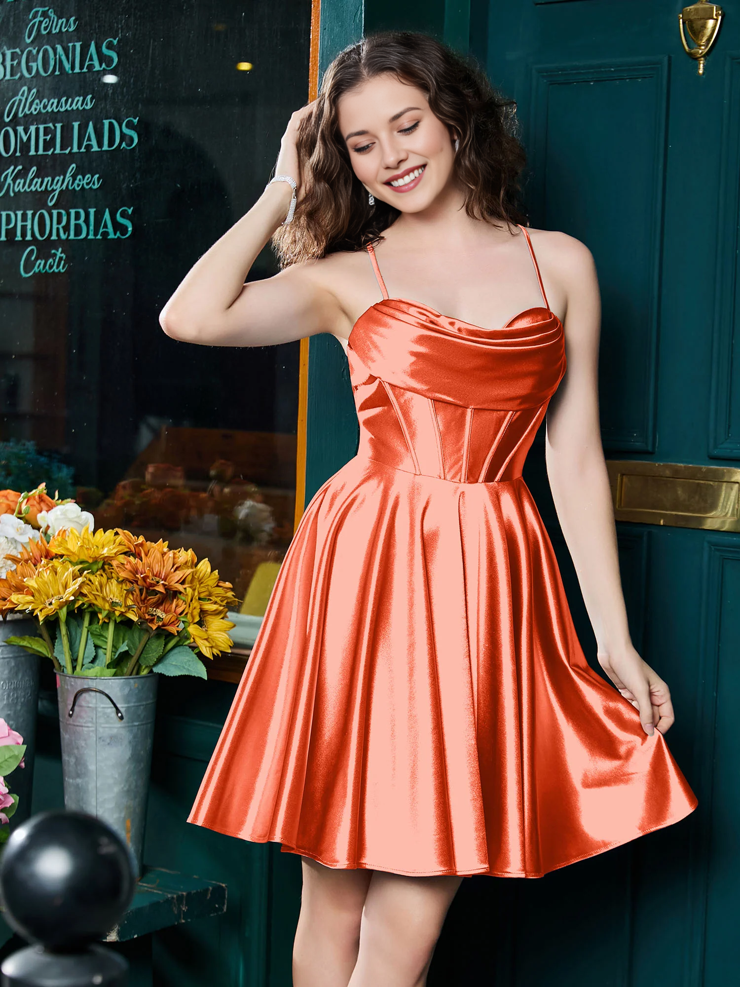 Cowl Neck Corset Boning Spaghetti Strap Lace-Up Back Satin Skater Mini Homecoming Dress