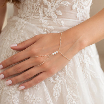 Pearl Bridal Hand Chain Bracelet in Silver Tone