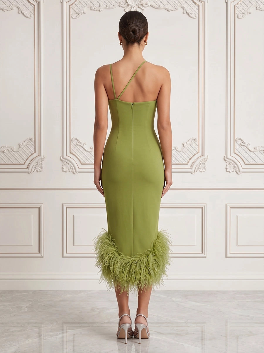 Model wearing vedress green one shoulder sheath midi prom dress invisible zip back feather trim outfit