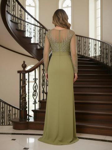 Back view vedress illusion mesh zip back sequin embroidery long sleeve sheath floor length plus size mother gown