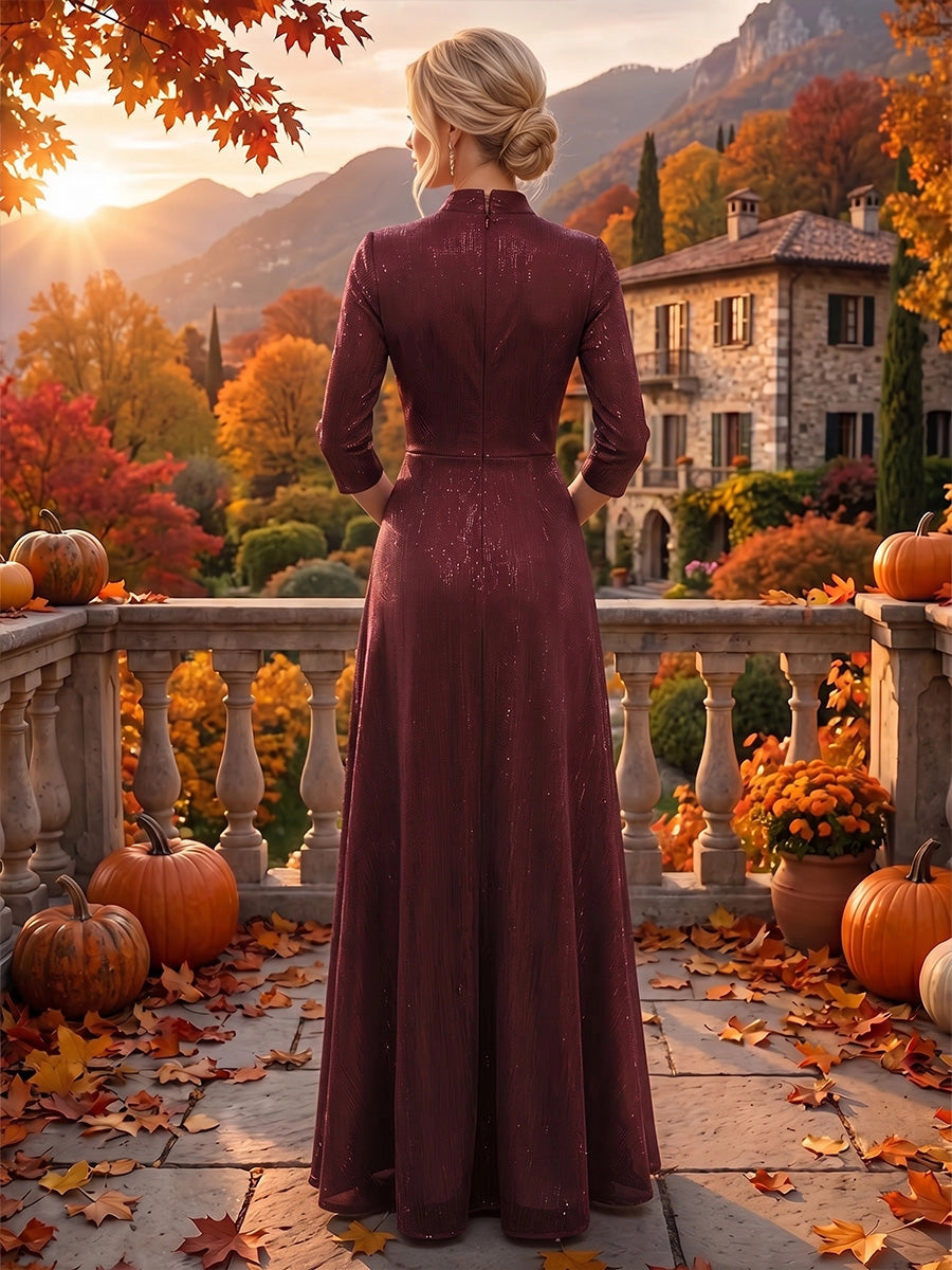 Model wearing vedress rich burgundy glitter wedding guest dress zip back long formal outfit