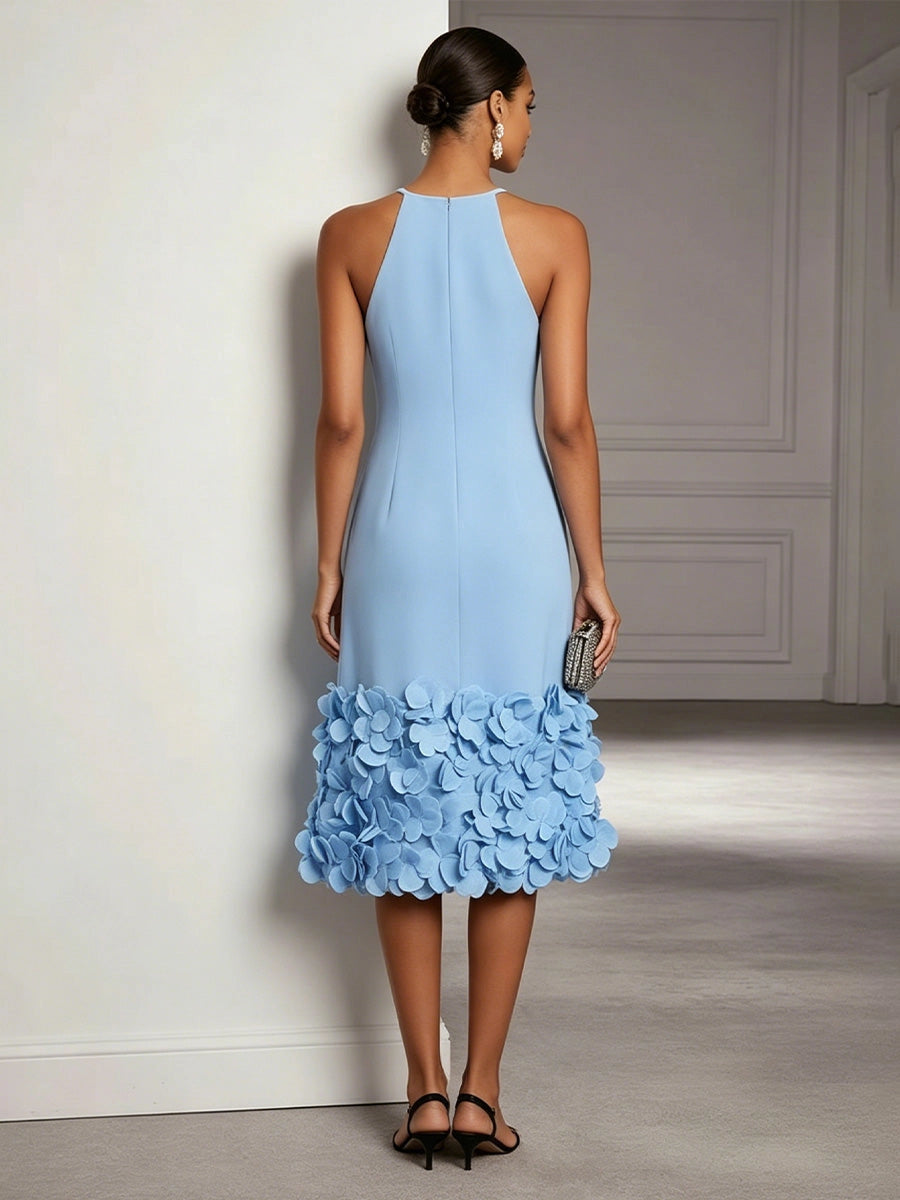 Model wearing vedress light blue 3d floral halter midi dress invisible zip back rear view