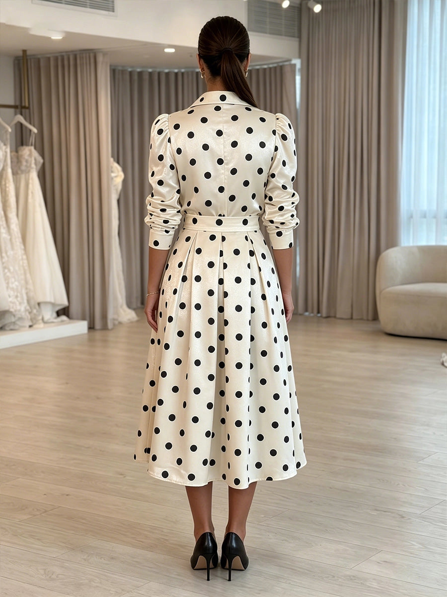 Back view vedress polka dot satin button back belted midi plus size mother gown