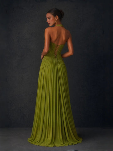 Vedress olive-green lace-up back wedding guest dress with floor-length pleated skirt back view