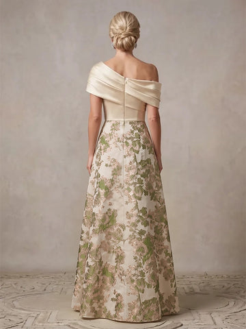 Back view of Vedress floral mother of the bride dress with folded shoulder draping, a center-back zipper and a floor-length skirt.
