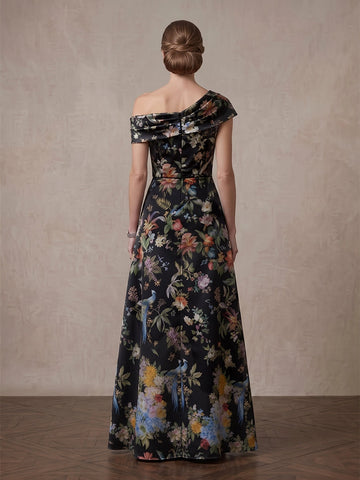 Vedress black floral peacock satin gown off shoulder back view center zipper fitted bodice A-line skirt