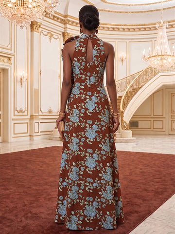 Vedress brown floral maxi gown back view halter bow neck keyhole cutout back zipper