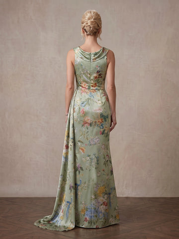 Vedress sage green floral satin gown back view, cowl neck back with concealed zipper, sleeveless sheath floor dress with train