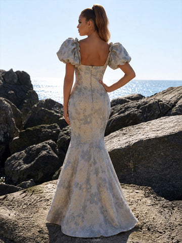Vedress jacquard mermaid formal dress back view open back puff sleeves concealed zipper