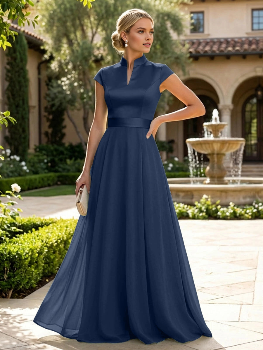 Elegant Sage A‑Line Stand‑Collar Cap‑Sleeve Zip‑Back Floor‑Length Mother Of The Bride Dress