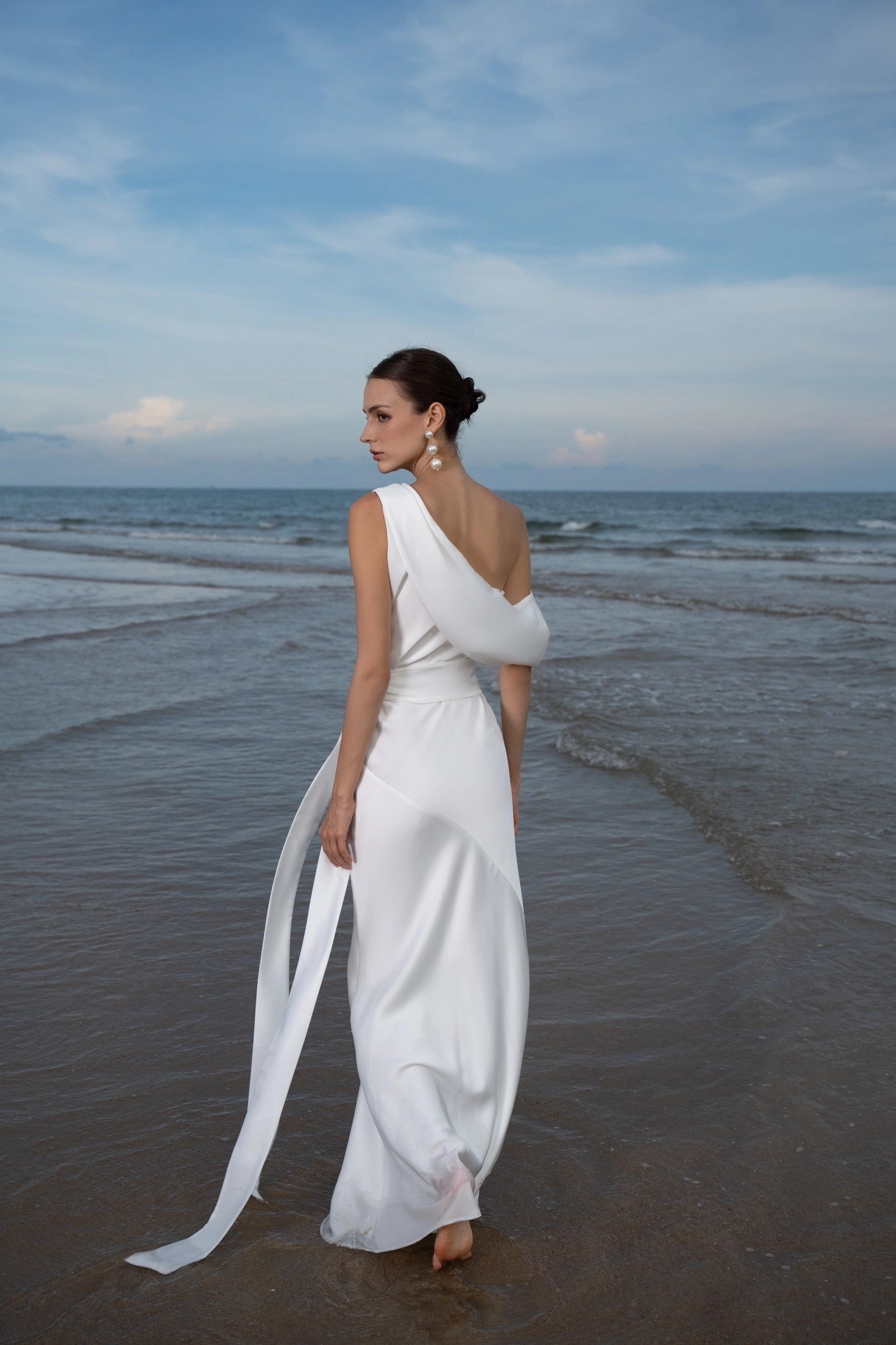 Chic Sheath One‑Shoulder Asymmetrical Open Back Floor‑Length Wedding Dress