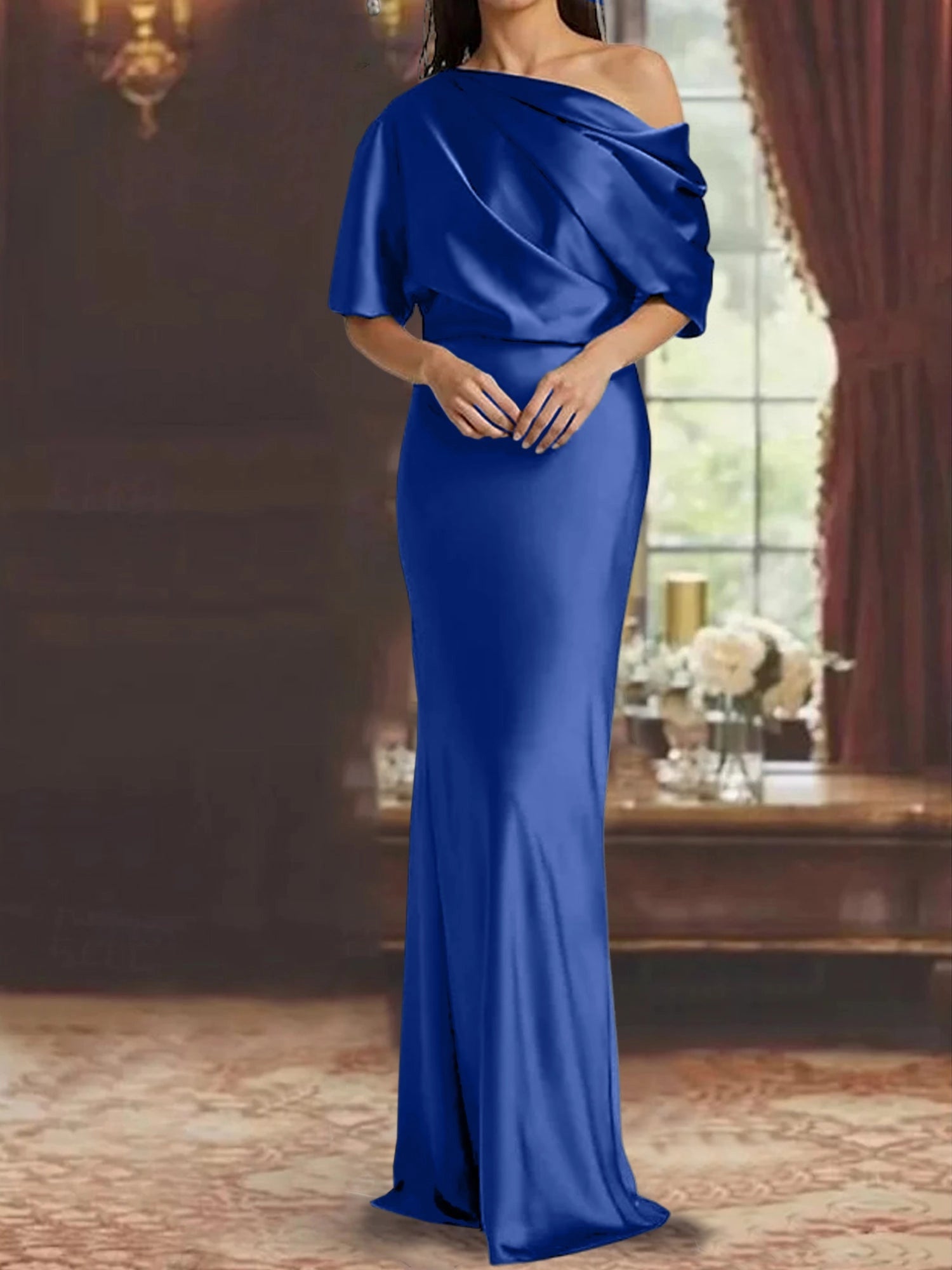 Luxury Mermaid One‑Shoulder Short‑Sleeve Open‑Back Floor‑Length Mother Of The Bride Dress