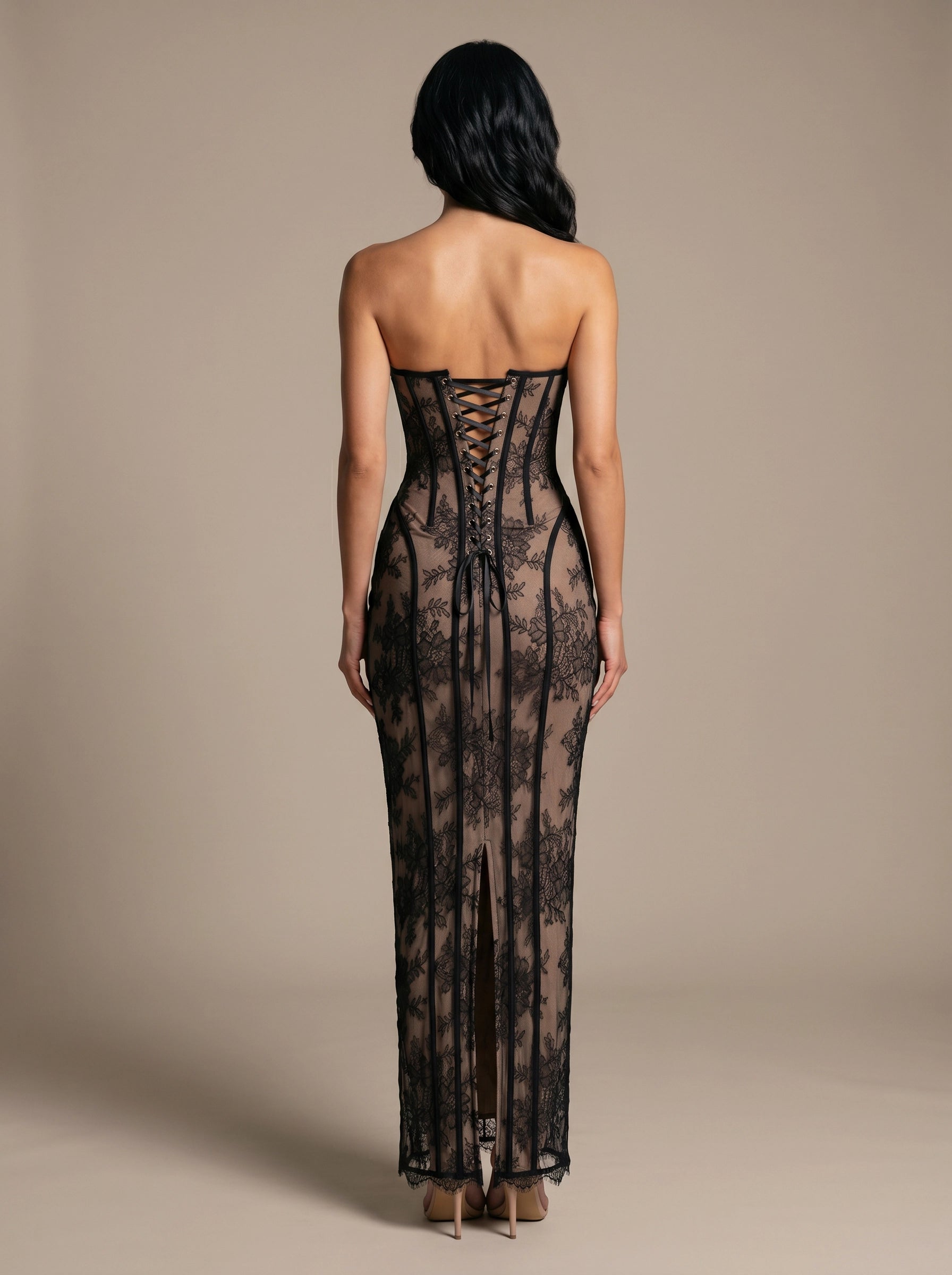 Burgundy Mermaid Strapless Corset‑Lace‑Up‑Back Slit Prom Dress