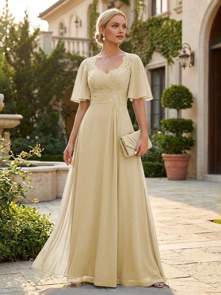 Graceful Dusty Blue A-Line Sweetheart Flutter-Sleeve Sweetheart-Back Floor-Length Mother Of The Bride Dress