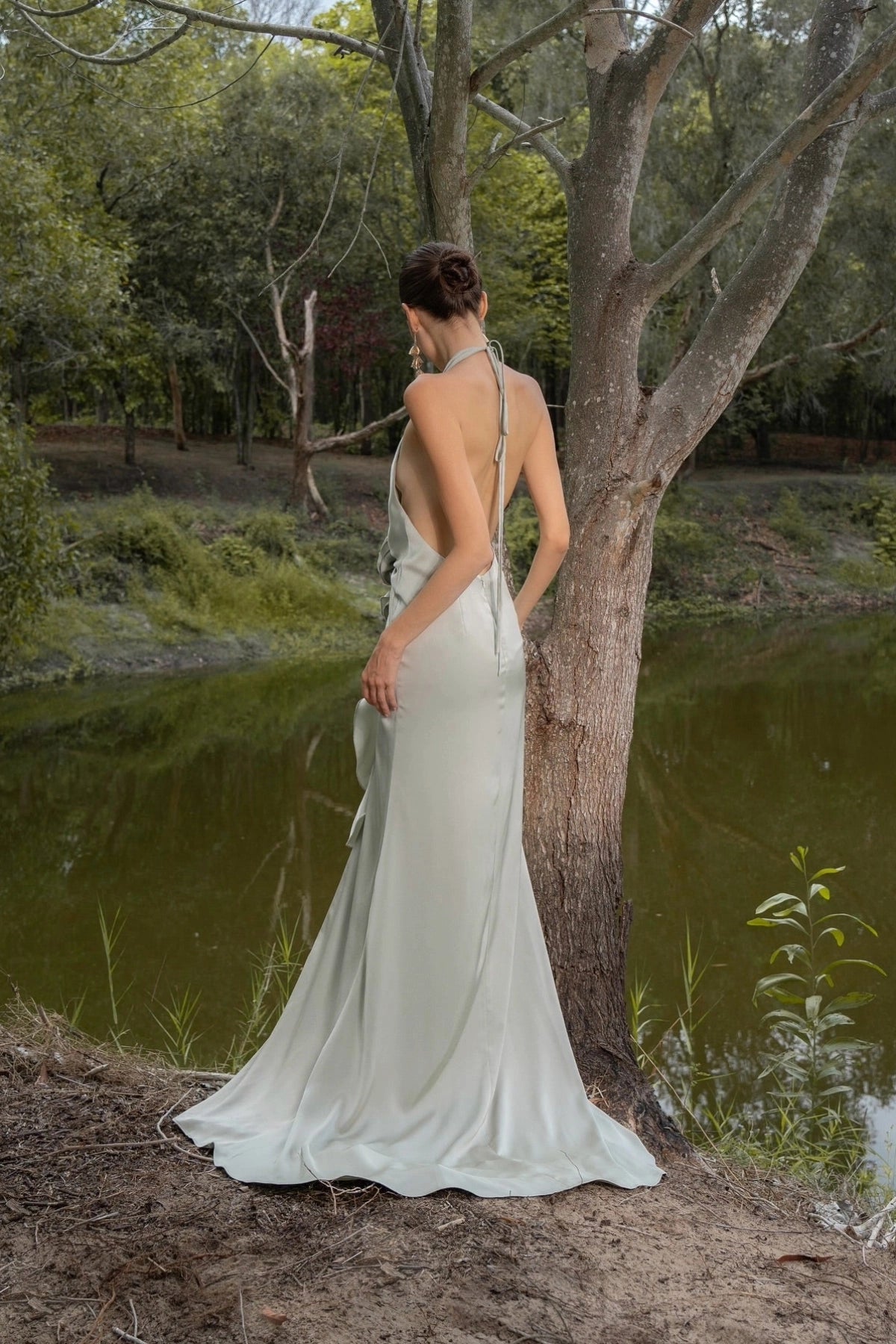 Slit Mermaid Satin Halter‑Neck Flower Ruffle Backless Maxi Prom Dress