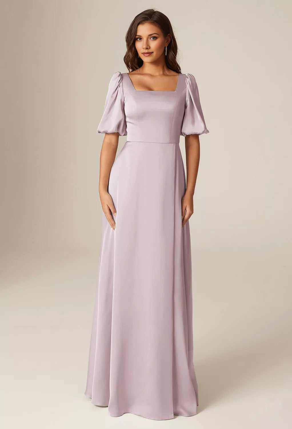 Square Neck Puff Sleeve Satin A-Line Bridesmaid Maxi Dress with Side Slit