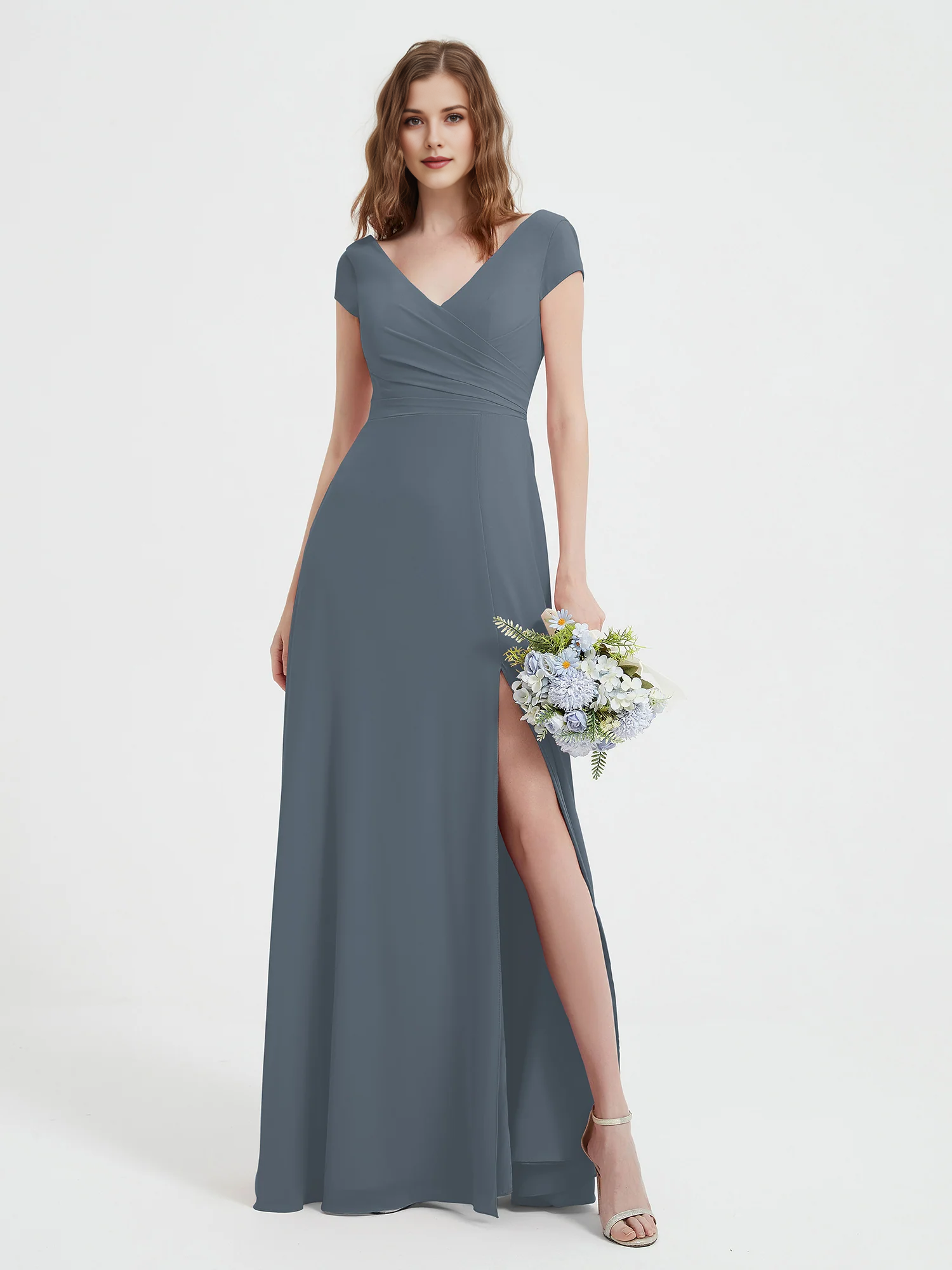 Cap Sleeve V-Neck Wrap Waist High Slit Chiffon Floor-Length Bridesmaid Evening Maxi Dress