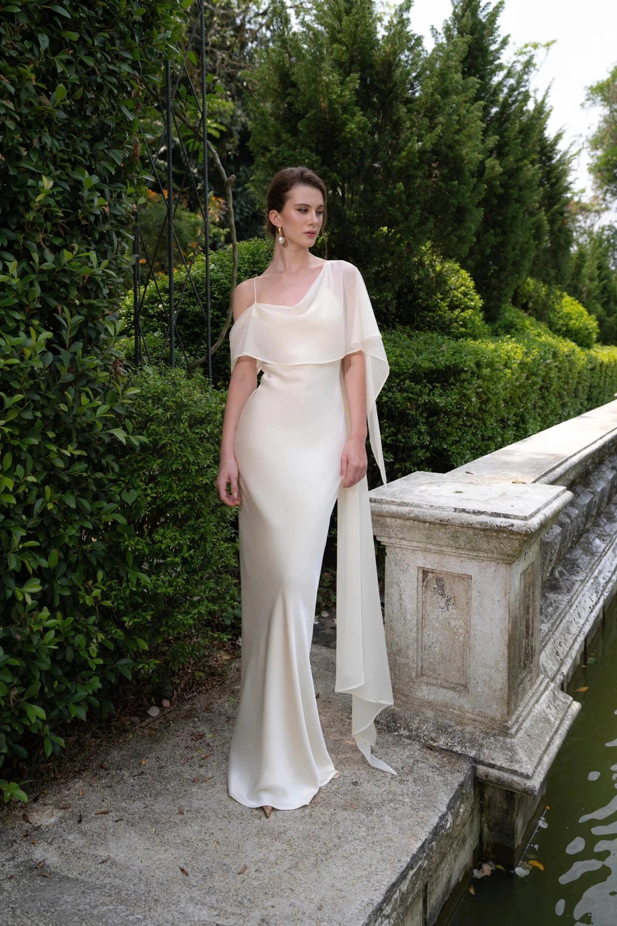 Romantic Mermaid Cowl Off‑Shoulder Lace‑Up‑Back Floor‑Length Wedding Dress