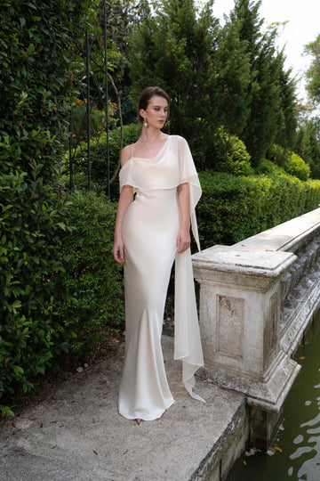 Romantic Mermaid Cowl Off‑Shoulder Lace‑Up‑Back Floor‑Length Wedding Dress