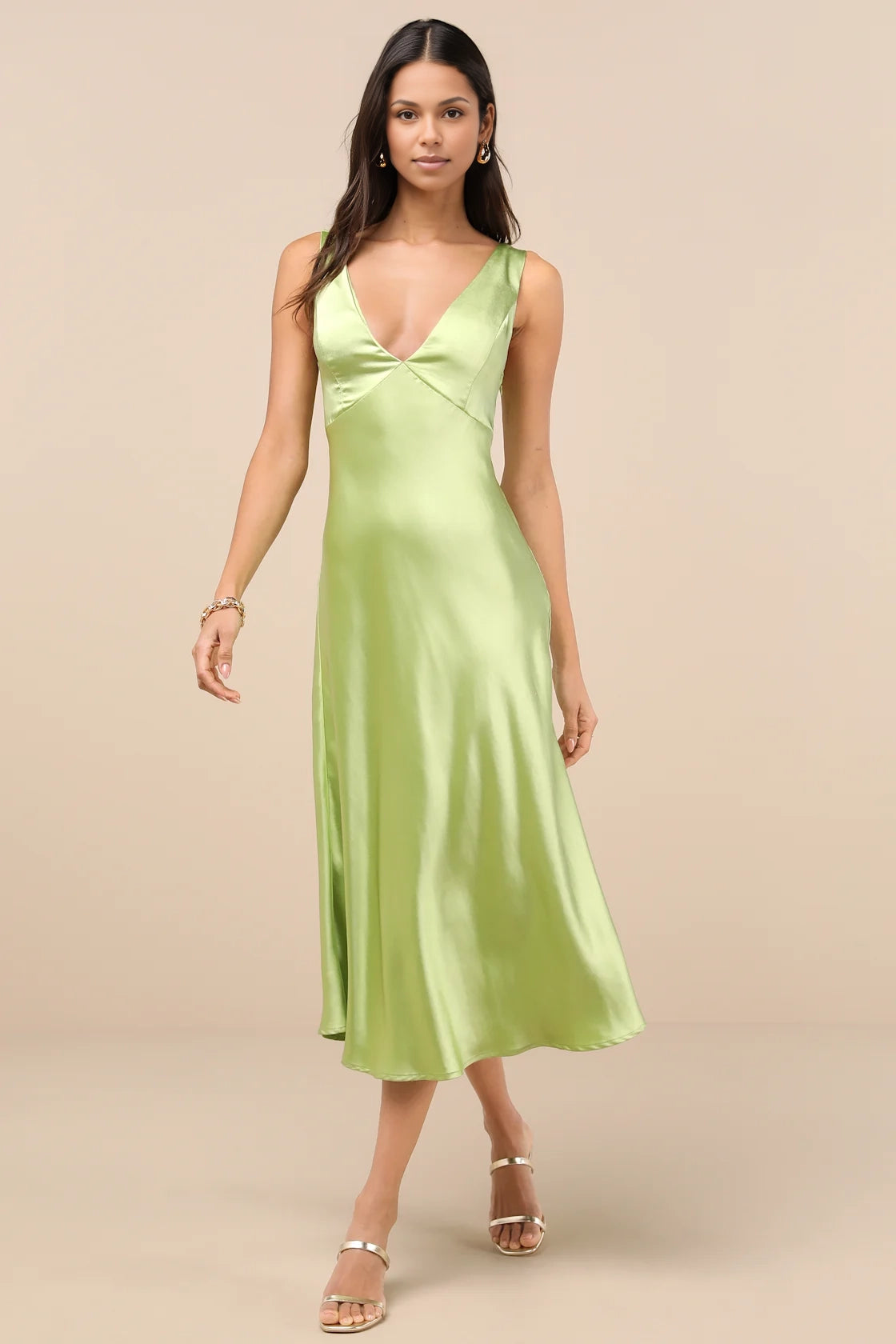 Vedress light lime silky satin a line midi homecoming dress deep v spaghetti strap teen formal gown