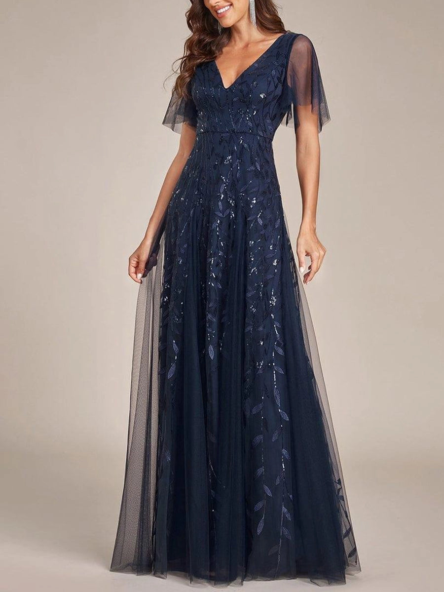 Navy A‑Line V‑Neck Flutter Sleeve V‑Back Long Mother of the Bride Dress