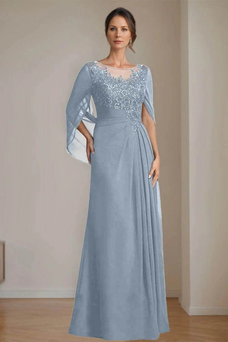Modest A-Line Bateau Cape Sleeve Zip Back Floor Length Mother Of The Bride Dress