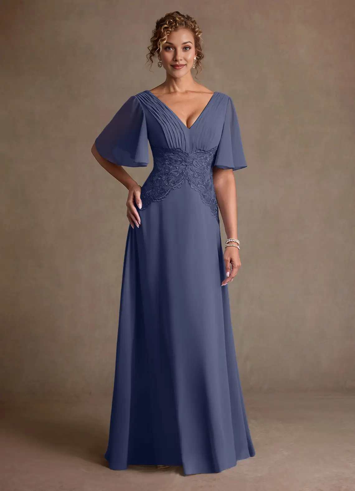V-Neck Flutter Sleeve Lace Waist Chiffon A-Line Floor-Length Mother of the Bride Dress