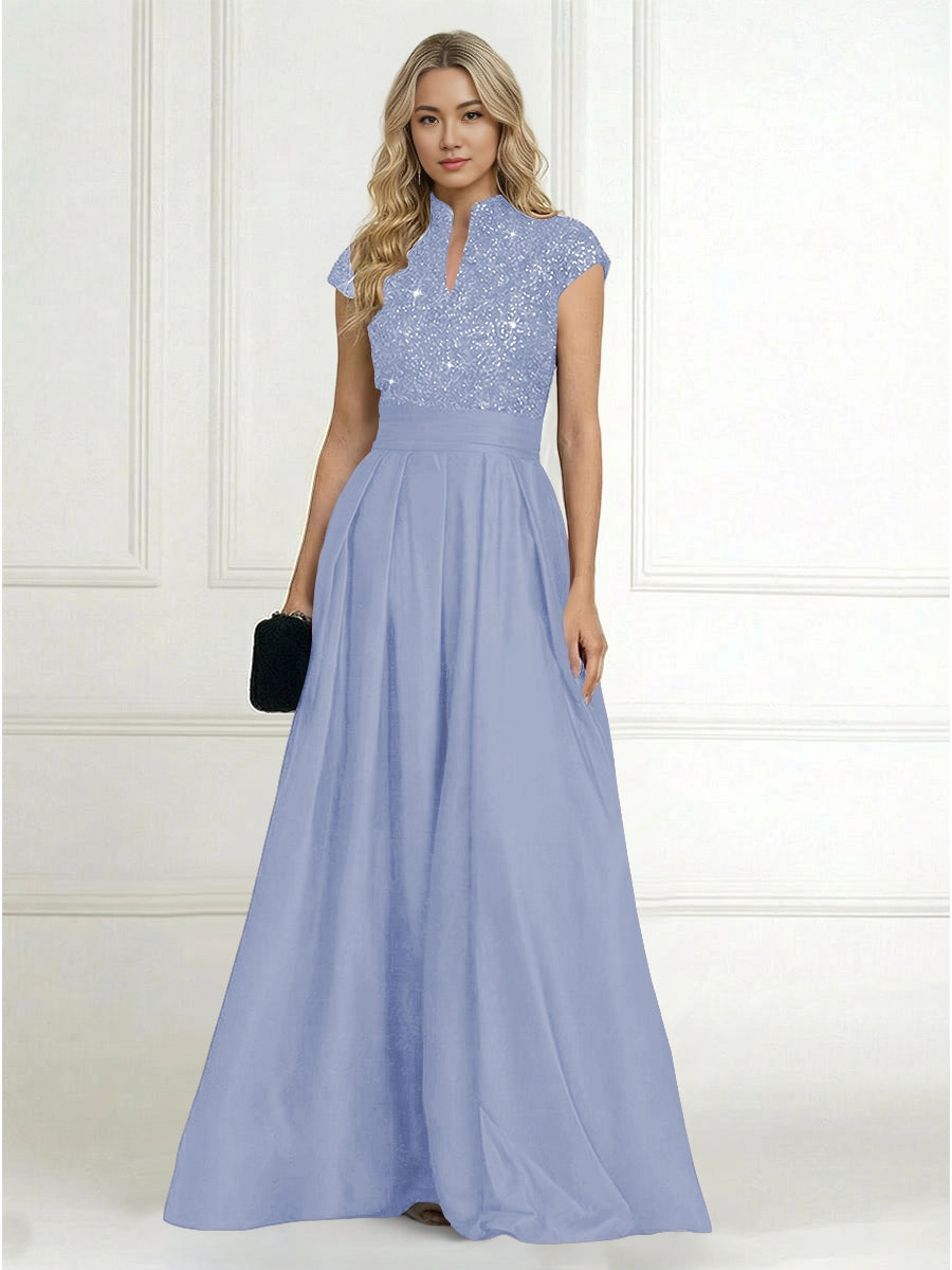 Luxury A-Line High-Neck Cap-Sleeve Zip-Back Floor-Length Plus Size Mother of the Bride Dress