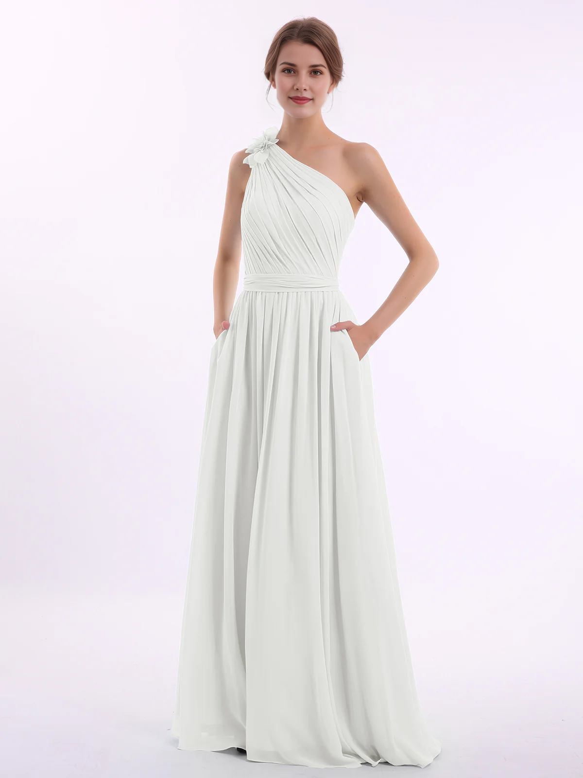 One Shoulder 3D Flower Ruched Chiffon Bridesmaid Maxi Dress with Pockets & Open Back Sash