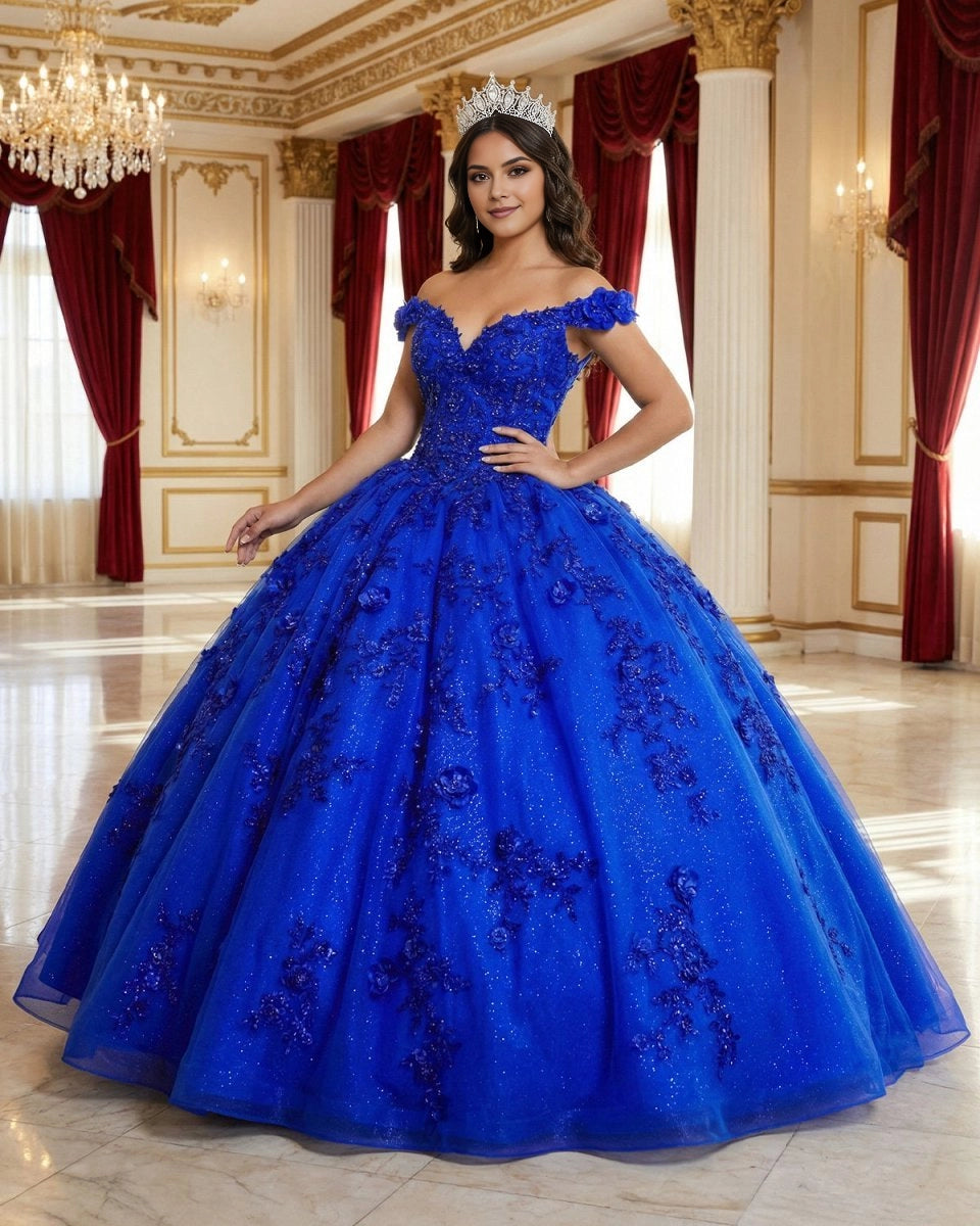 Ballgown Off-shoulder V-neck Short Sleeve Lace-up Back Floor Length Quinceañera Dress