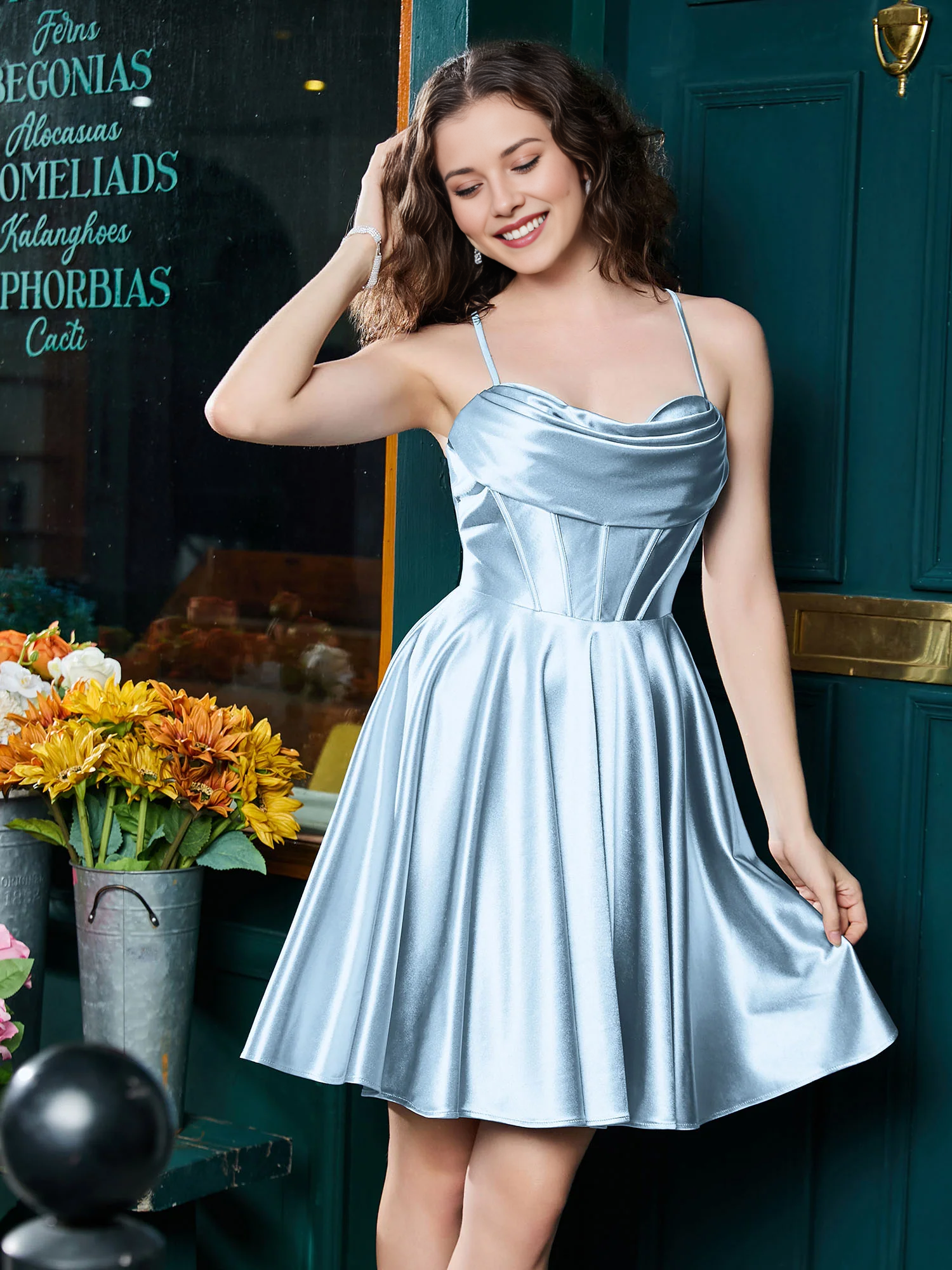 Cowl Neck Corset Boning Spaghetti Strap Lace-Up Back Satin Skater Mini Homecoming Dress