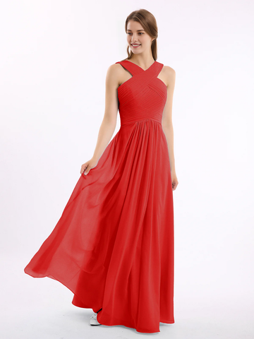 Crisscross Neck Pleated Bodice Flowy Chiffon A-Line Floor-Length Bridesmaid Evening Maxi Dress