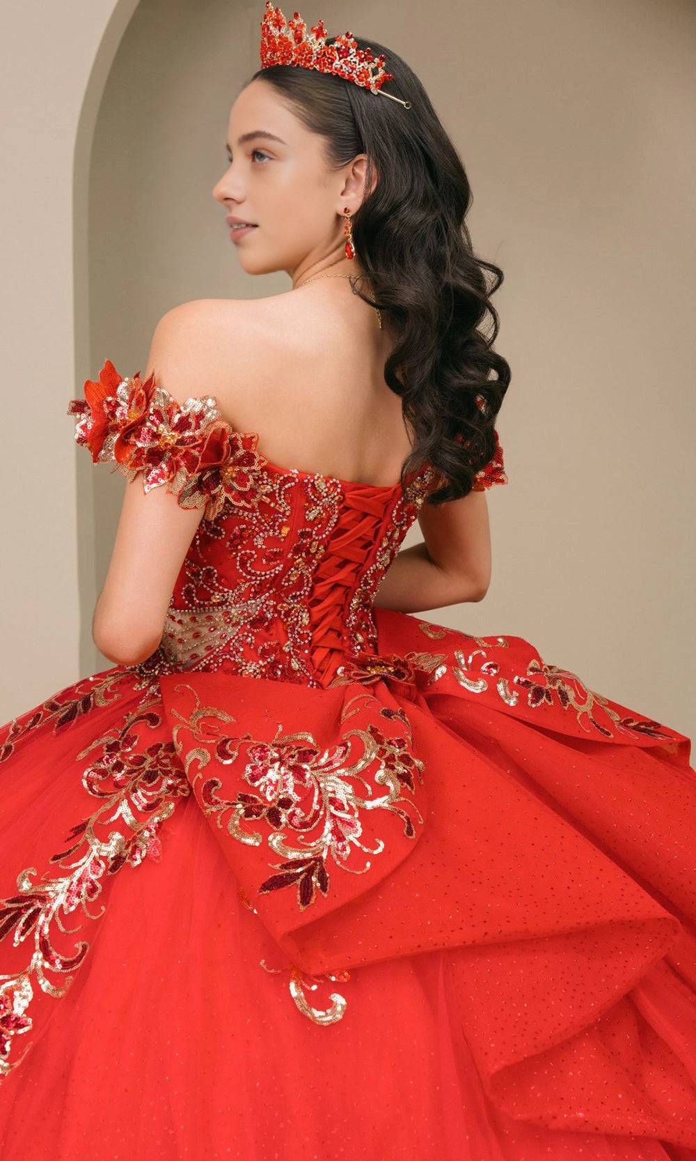 Glam Ball Gown Off‑Shoulder Floral Sleeve Lace‑Up Back Sweep Train Quinceanera Dress