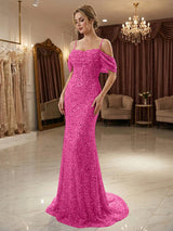 Champagne Off Shoulder Spaghetti Strap Sequin Mermaid Long Prom Dress With Train