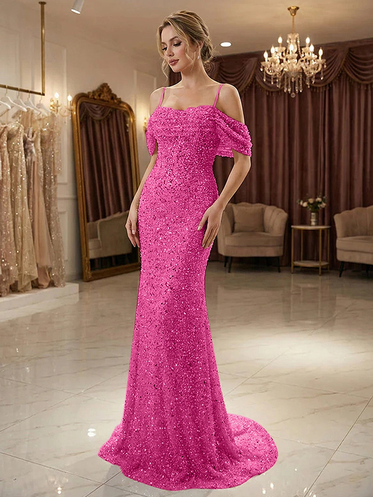 Champagne Off Shoulder Spaghetti Strap Sequin Mermaid Long Prom Dress With Train